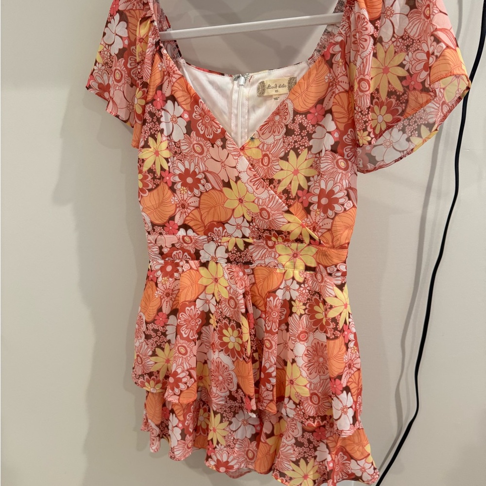 Floral Orange-Pink Wrap Ruffle Women's Romper